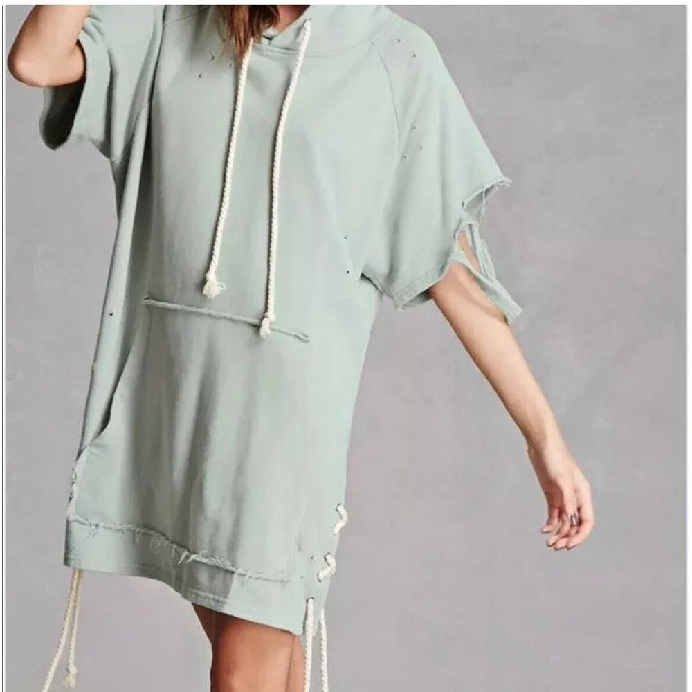Forever 21 Nude Apparel Sage Distressed Sweatshirt Dress Sz Xs Light Green NWT
